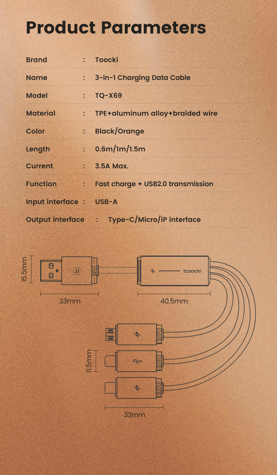 Toocki Universal 3-in-1 Fast Charging Cable – USB-A to USB-C, Lightning & Micro-USB | 1M