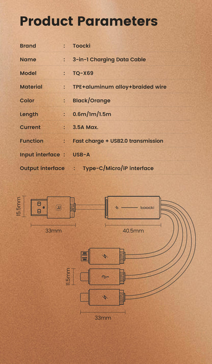 Toocki Universal 3-in-1 Fast Charging Cable – USB-A to USB-C, Lightning & Micro-USB | 1M