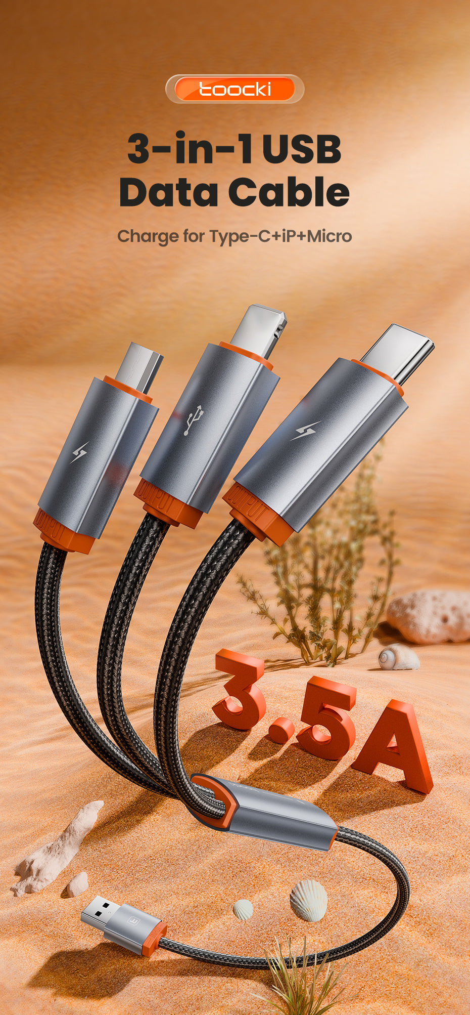 Toocki Universal 3-in-1 Fast Charging Cable – USB-A to USB-C, Lightning & Micro-USB | 1M