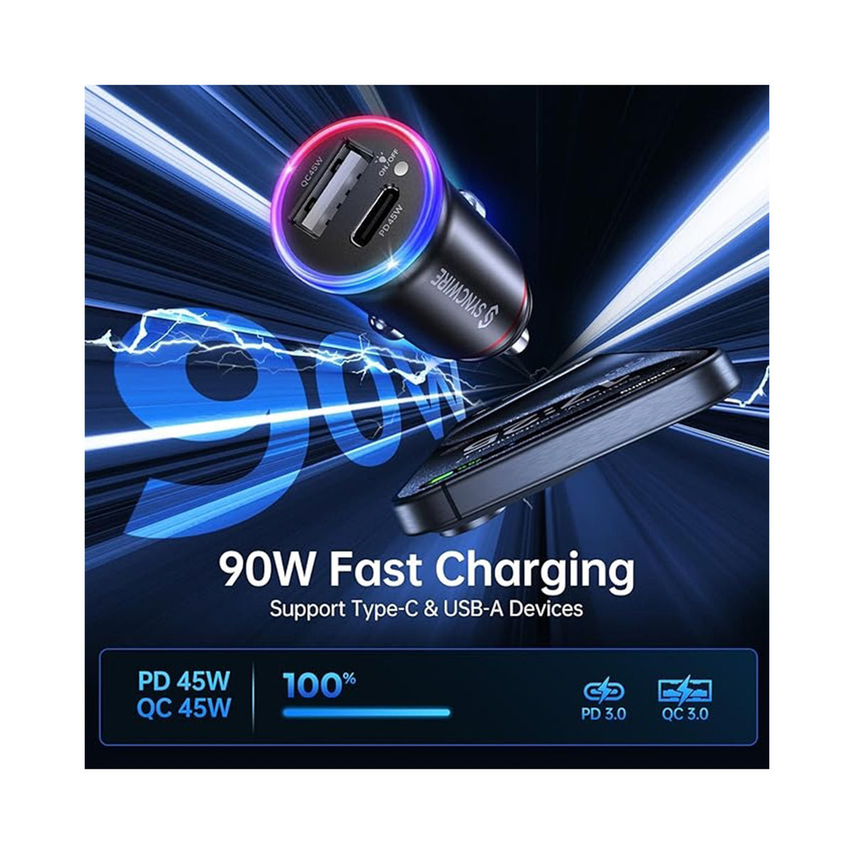SYNCWIRE 45W USB-C Car Charger – PD & QC Fast Charging RGB Mini Car Adapter