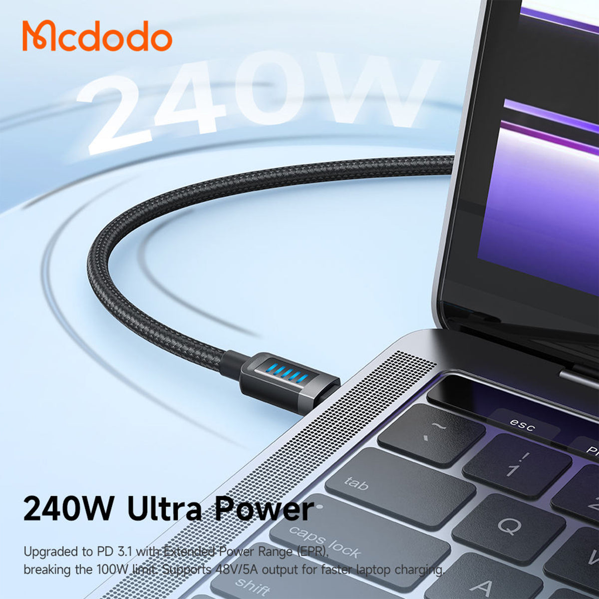 Mcdodo CA-035 Cab Vision 240W USB-C to USB-C Cable – 5A PD 3.1 & Dynamic LED Power Display