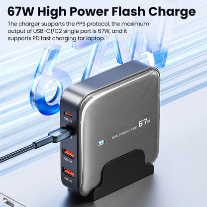 Toocki 67W GaN Desktop Charger Station 4-Port USB-C PD & QC Fast Charger