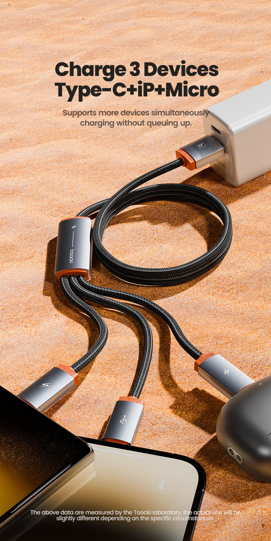 Toocki Universal 3-in-1 Fast Charging Cable – USB-A to USB-C, Lightning & Micro-USB | 1M