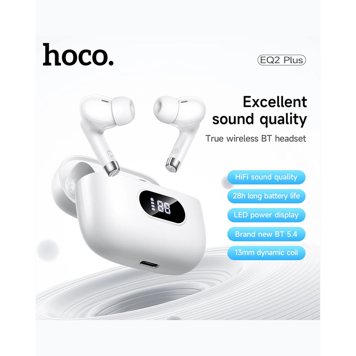 HOCO EQ2 Plus TWS Bluetooth Earphones – Bluetooth 5.4, Dual Drivers & LED Battery Display