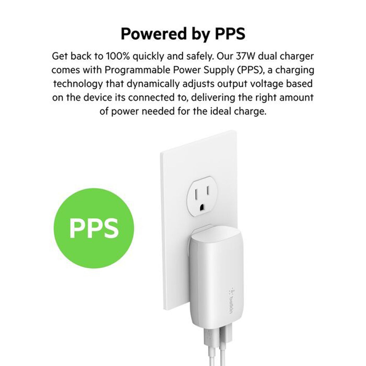 Belkin BoostCharge 37W Dual Wall Charger with PPS USB-C PD + USB-A