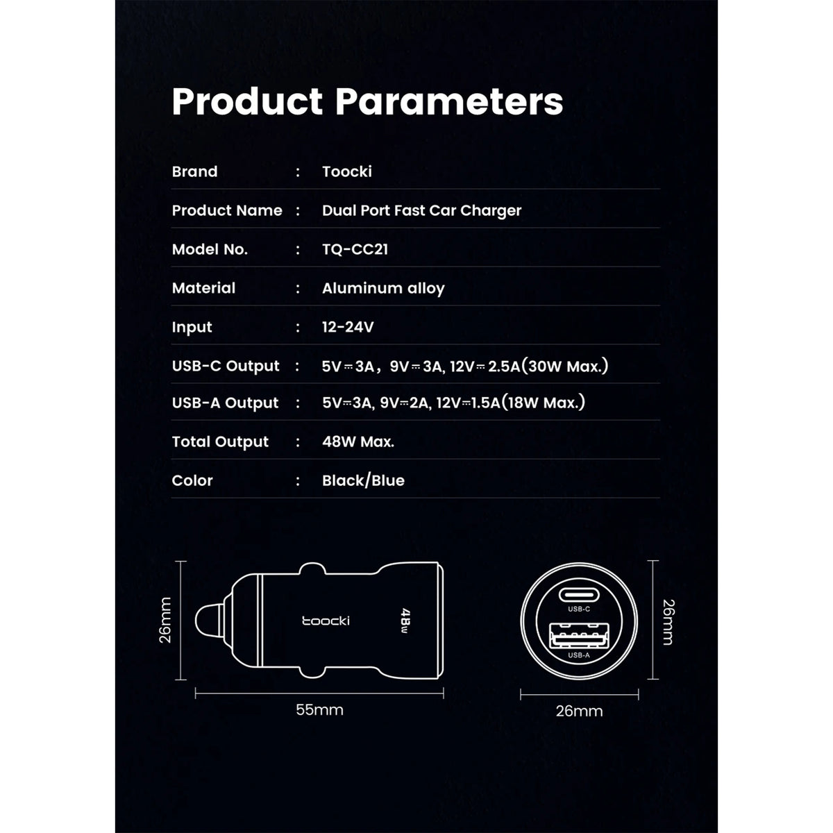 Toocki TQ-CC21 48W USB Car Charger – QC 3.0 & PD 3.0 Dual-Port Fast Charging Adapter