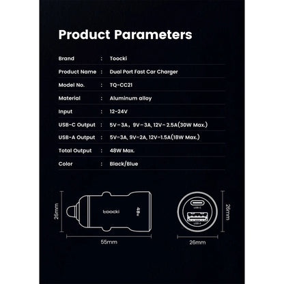 Toocki TQ-CC21 48W USB Car Charger – QC 3.0 & PD 3.0 Dual-Port Fast Charging Adapter