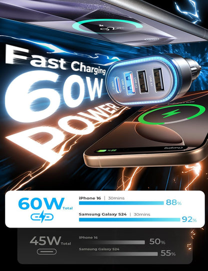 LISEN 60W Car Charger Adapter – 4-Port PD 3.0 & QC 3.0 Fast Car Charger