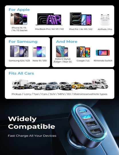 LISEN 60W Car Charger Adapter – 4-Port PD 3.0 & QC 3.0 Fast Car Charger