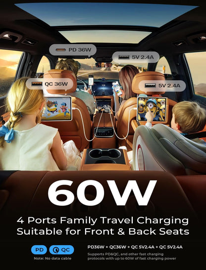 LISEN 60W Car Charger Adapter – 4-Port PD 3.0 & QC 3.0 Fast Car Charger
