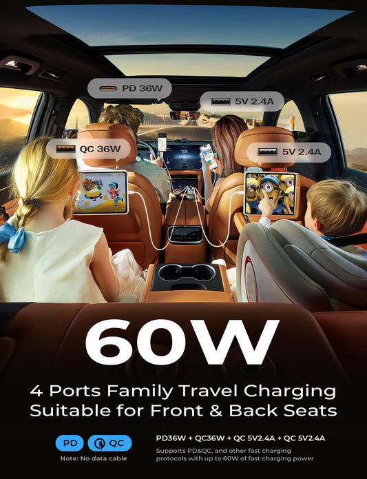 LISEN 60W Car Charger Adapter – 4-Port PD 3.0 & QC 3.0 Fast Car Charger